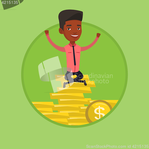 Image of Happy businessman sitting on coins.