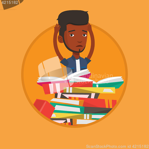 Image of Student sitting in huge pile of books.