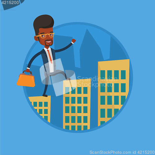 Image of Business man walking on the roofs of buildings.