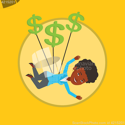 Image of Business woman flying with dollar signs.