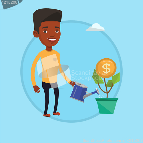 Image of Man watering money flower vector illustration.