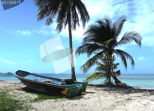 Image of Big Corn Island Nicaragua fishing panga boat beach with palm coc