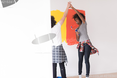 Image of multiethnic couple painting interior wall