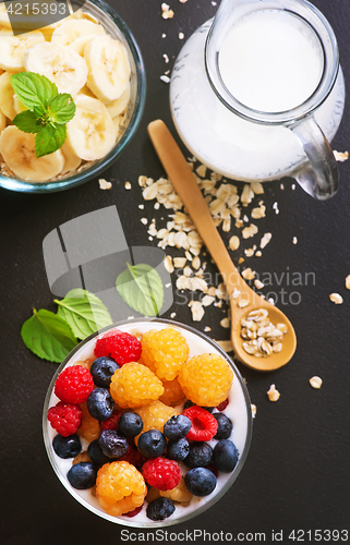 Image of milk with chia seeds and berries