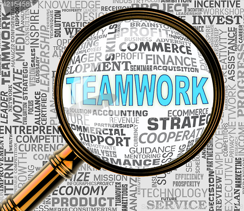 Image of Teamwork Magnifier Represents Cooperation Searching And Magnifying