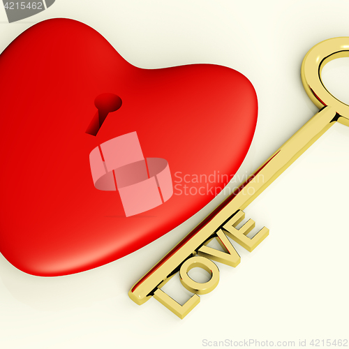 Image of Heart With Key Closeup Showing Love Romance And Valentines