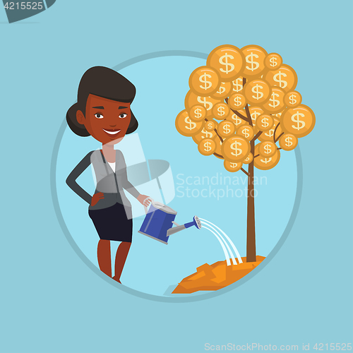 Image of Woman watering money tree vector illustration.