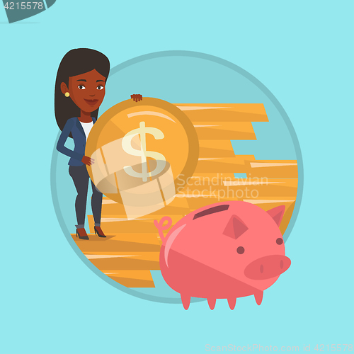Image of Business woman putting coin in piggy bank.