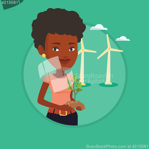 Image of Woman holding small plant vector illustration.