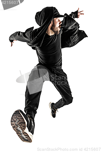 Image of The silhouette of one hip hop male break dancer dancing on white background