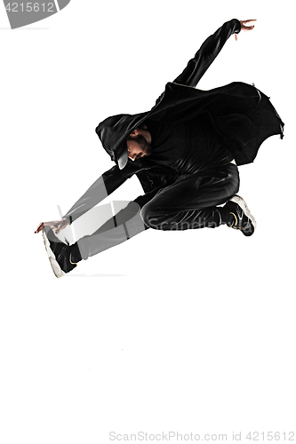 Image of The silhouette of one hip hop male break dancer dancing on white background
