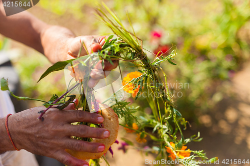 Image of Flower and grass garlands for Tihar in Nepal