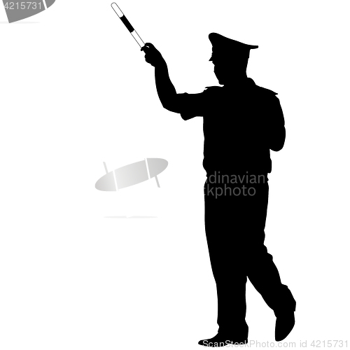 Image of Black silhouettes of Police officer with a rod on white background