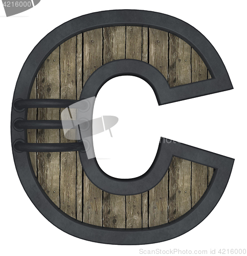 Image of wooden uppercase letter c with metal frame on white background - 3d illustration