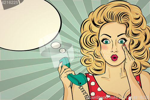 Image of Surprised pop art woman with retro phone, who tells her secrets.