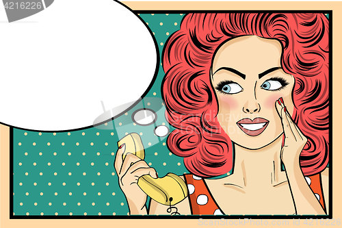 Image of Surprised pop art woman with retro phone, who tells her secrets.