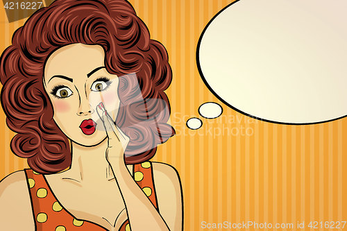 Image of Surprised pop art woman who tells her secrets. Pin-up girl.