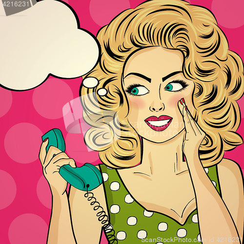 Image of Surprised pop art woman with retro phone, who tells her secrets.