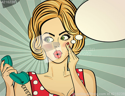 Image of Surprised pop art woman with retro phone, who tells her secrets.