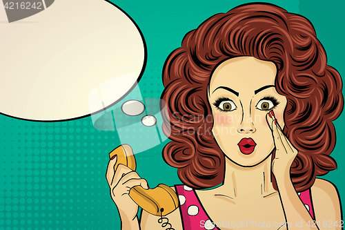 Image of Surprised pop art woman with retro phone, who tells her secrets.