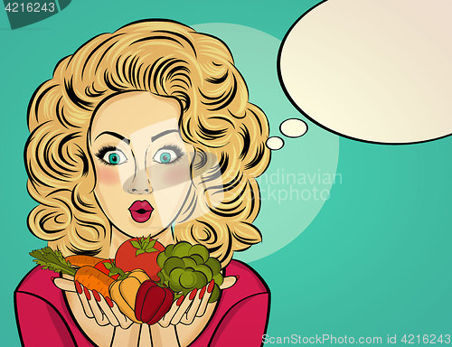 Image of Surprised pop art  woman that holds vegetables  in her hands . C