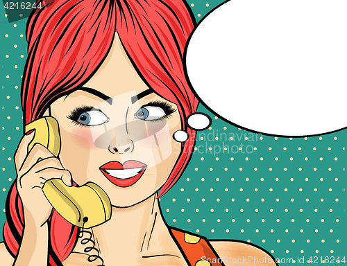 Image of Pop art woman chatting on retro phone . Comic woman with speech 