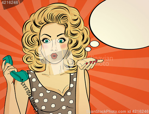 Image of Surprised pop art woman chatting on retro phone . Comic woman wi