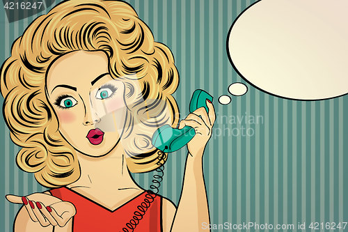 Image of Surprised pop art woman with retro phone, who tells her secrets.