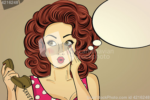 Image of Surprised pop art woman chatting on retro phone . Comic woman wi