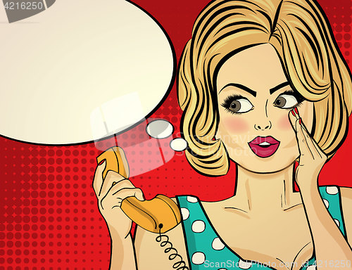 Image of Surprised pop art woman with retro phone, who tells her secrets.