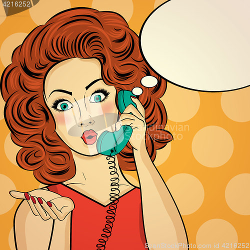 Image of Surprised pop art woman chatting on retro phone . Comic woman wi