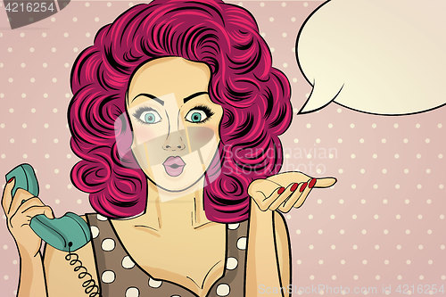 Image of Surprised pop art woman with retro phone, who tells her secrets.