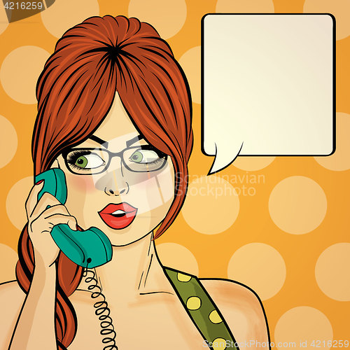 Image of Surprised pop art woman chatting on retro phone . Comic woman wi