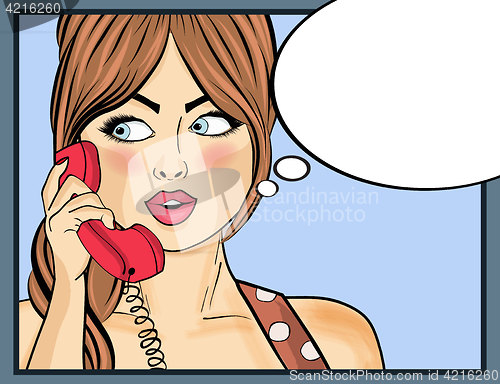 Image of Pop art woman chatting on retro phone . Comic woman with speech 