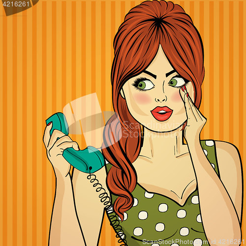 Image of Surprised pop art woman with retro phone, who tells her secrets.