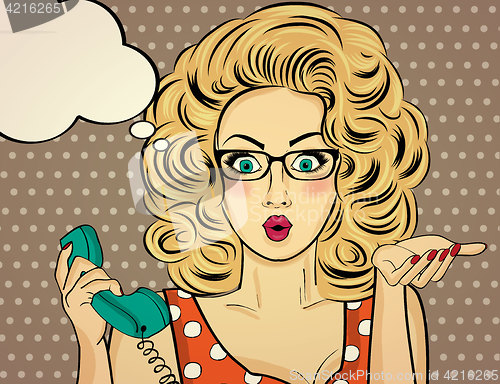 Image of Surprised pop art woman chatting on retro phone . Comic woman wi