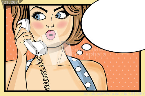 Image of Surprised pop art woman chatting on retro phone . Comic woman wi