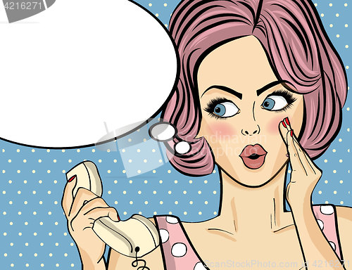 Image of Surprised pop art woman with retro phone, who tells her secrets.