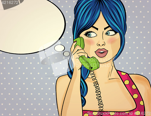 Image of Surprised pop art woman chatting on retro phone . Comic woman wi