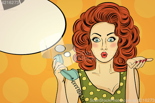 Image of Surprised pop art woman with retro phone, who tells her secrets.