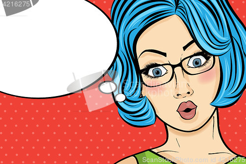 Image of Pop art woman . Comic woman with speech bubble. Pin up girl.