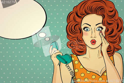 Image of Surprised pop art woman with retro phone, who tells her secrets.