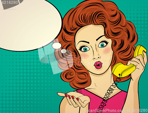 Image of Surprised pop art woman chatting on retro phone . Comic woman wi