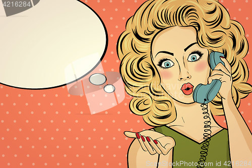 Image of Surprised pop art woman with retro phone, who tells her secrets.