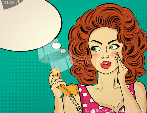 Image of Surprised pop art woman with retro phone, who tells her secrets.