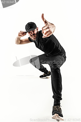 Image of The silhouette of one hip hop male break dancer dancing on white background