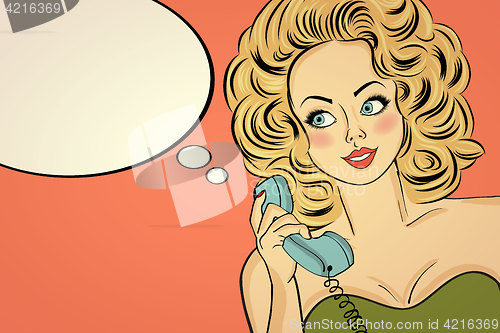 Image of Sexy pop art woman in party dress talking on a retro phone and s