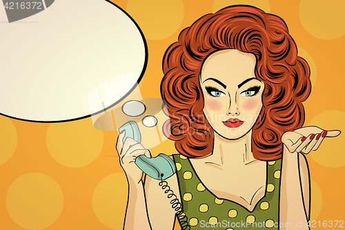 Image of Sexy pop art woman talking on a retro phone