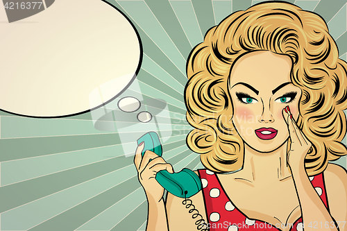 Image of Sexy pop art woman talking on a retro phone