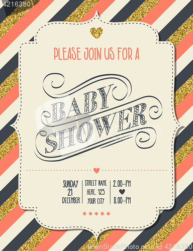 Image of Beautiful retro baby shower card template with golden glittering